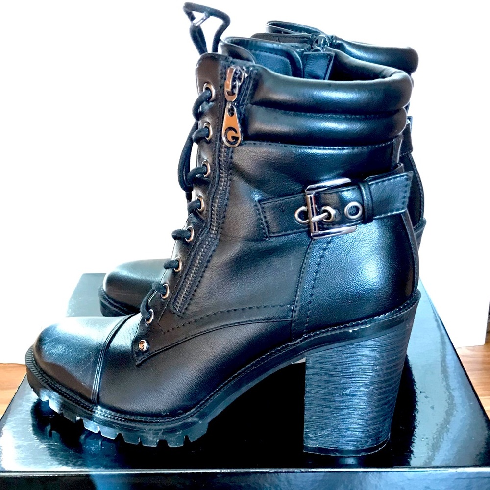 GBG GUESS Women’s Heeled Platform Lace Up Black Combat Boots